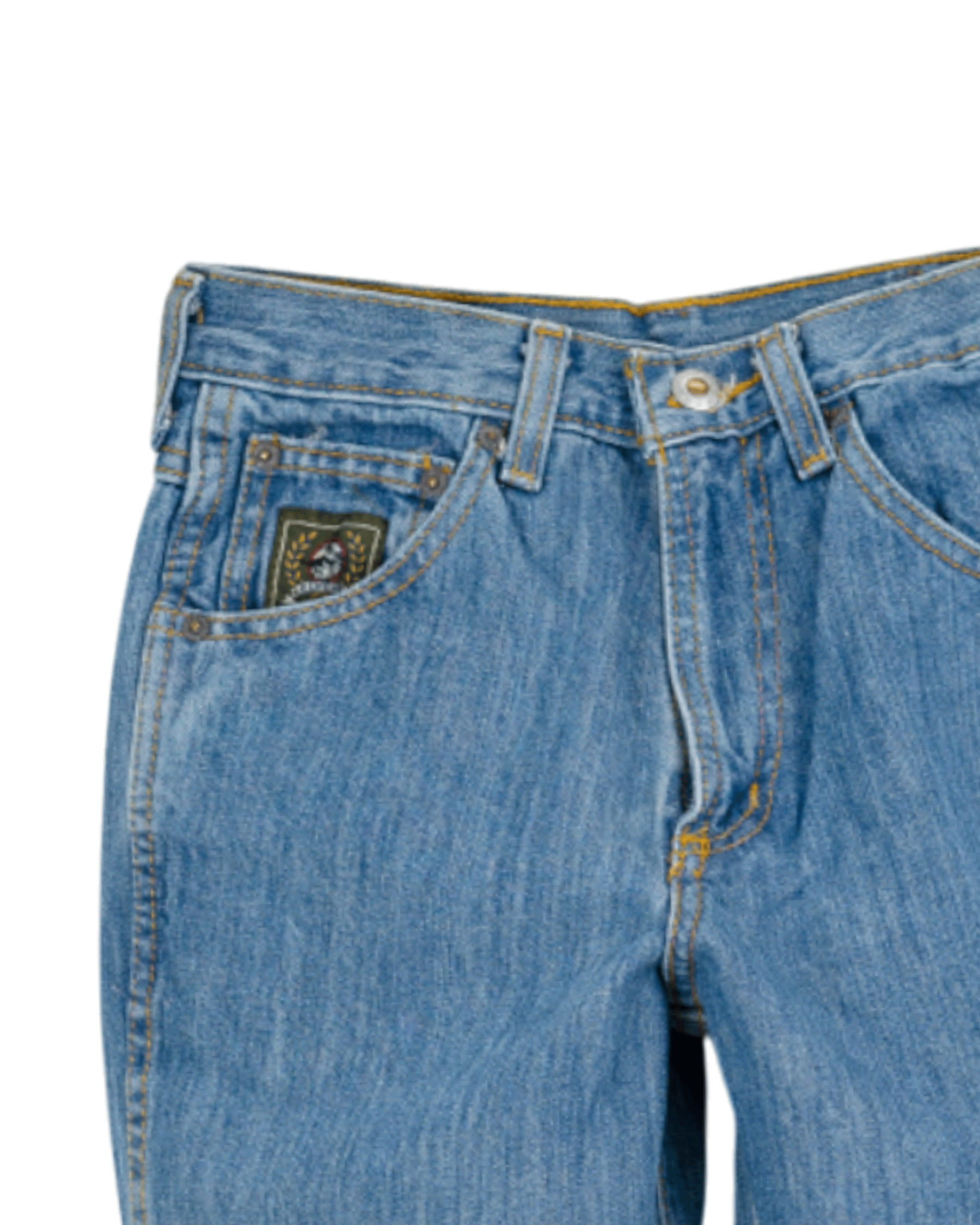 Close-up of blue jeans with a brand logo on a white background