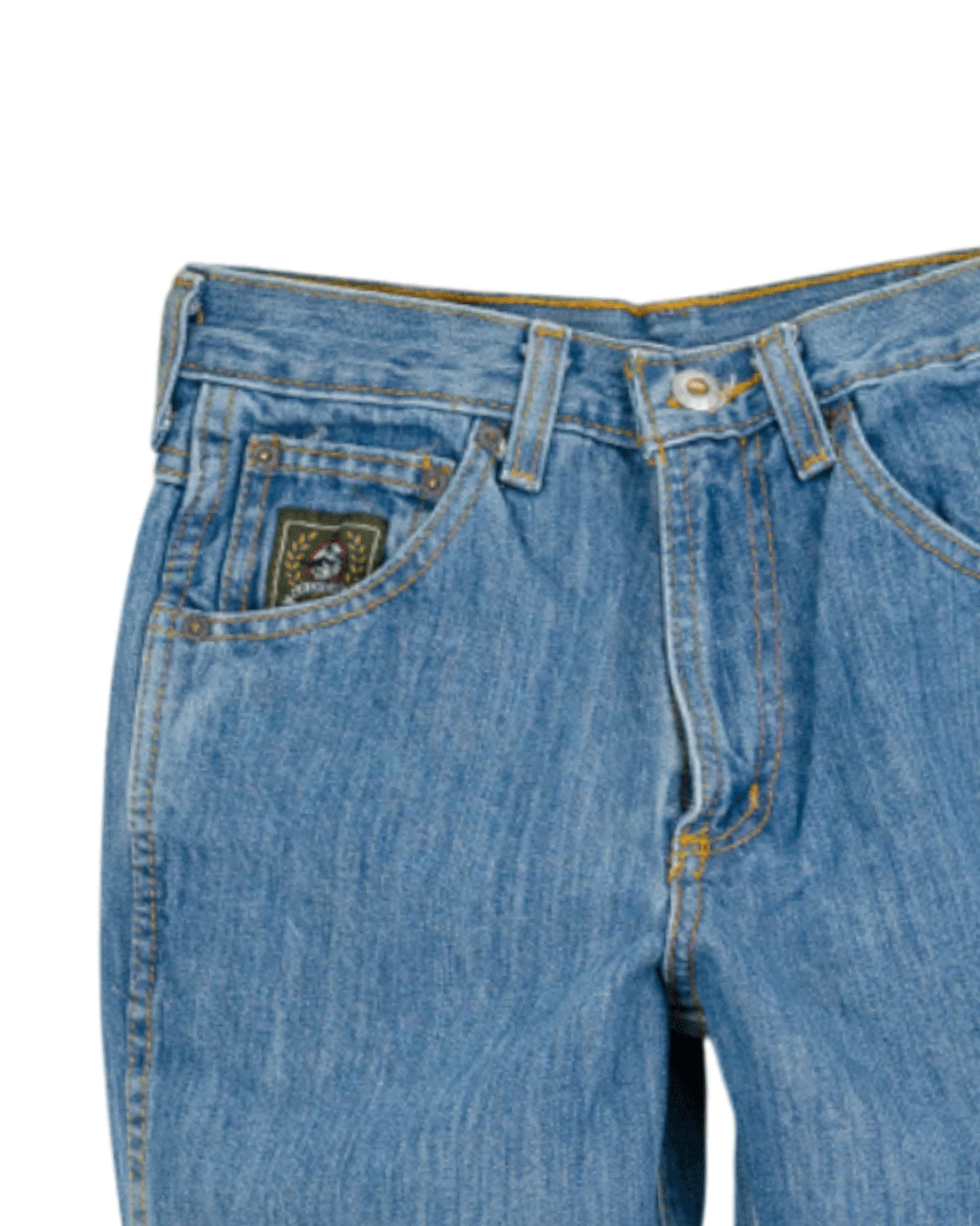 Close-up of blue jeans with a brand logo on a white background