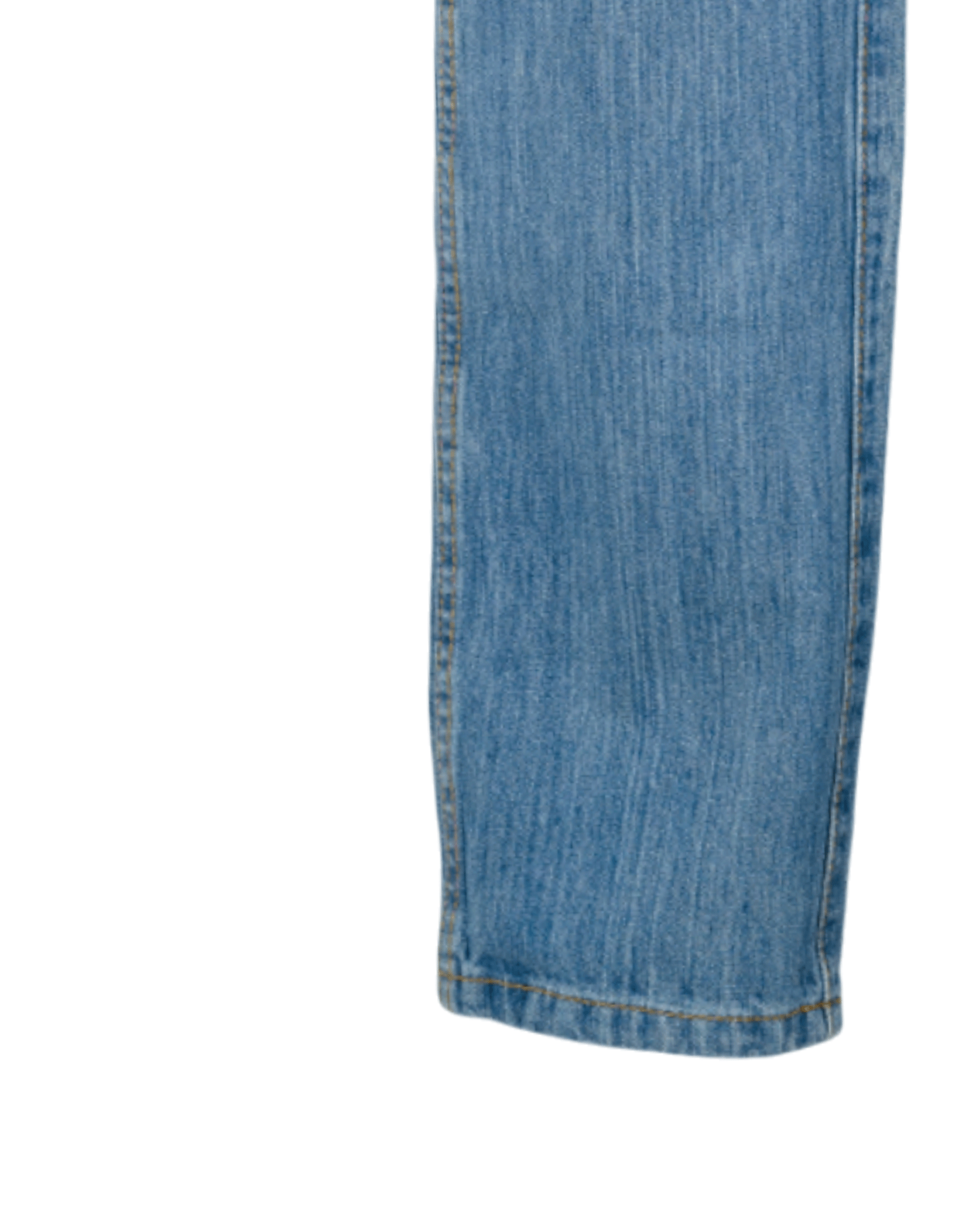 Close-up of blue denim jeans on a white background