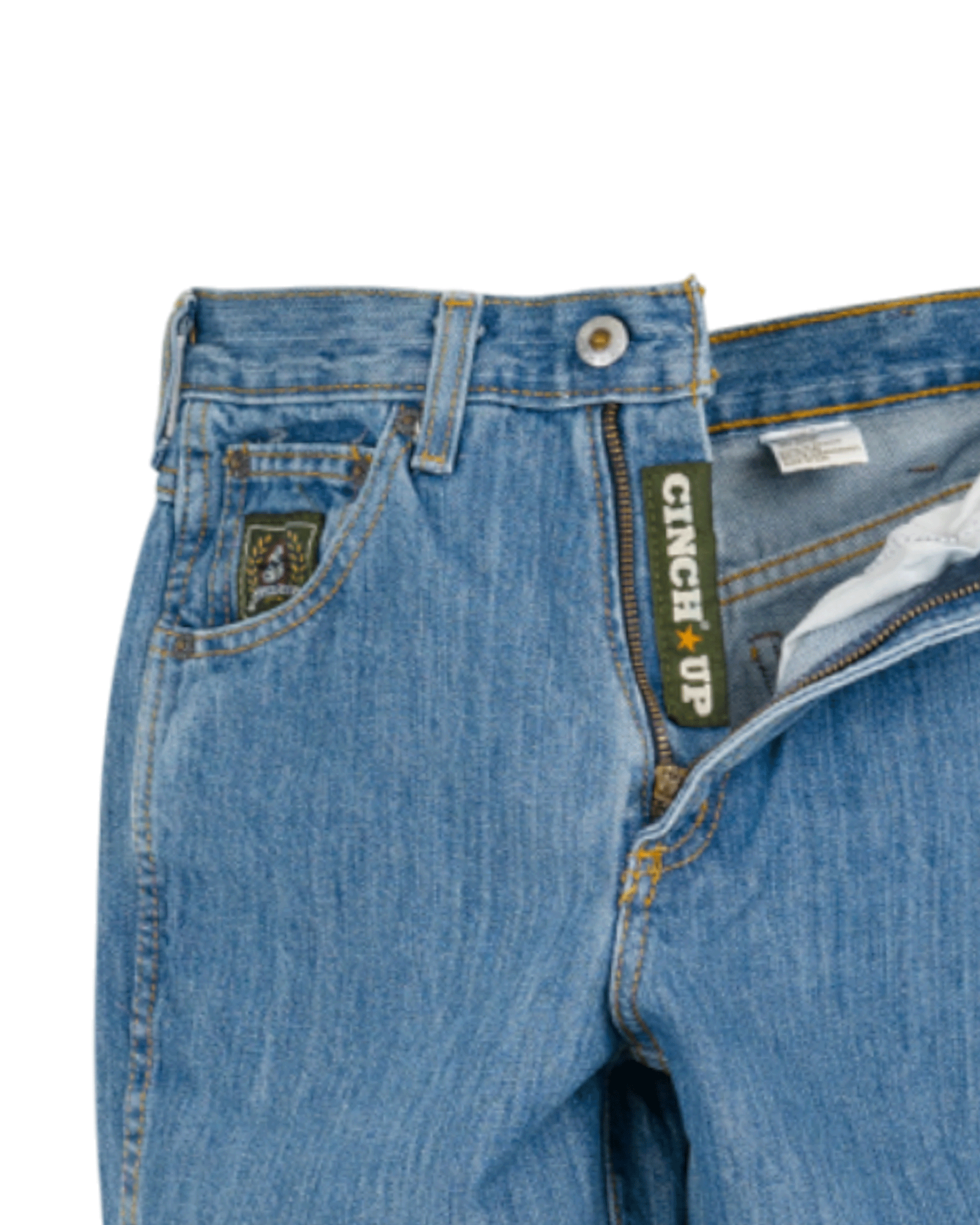Close-up of blue jeans with Cinch Up branding on a white background