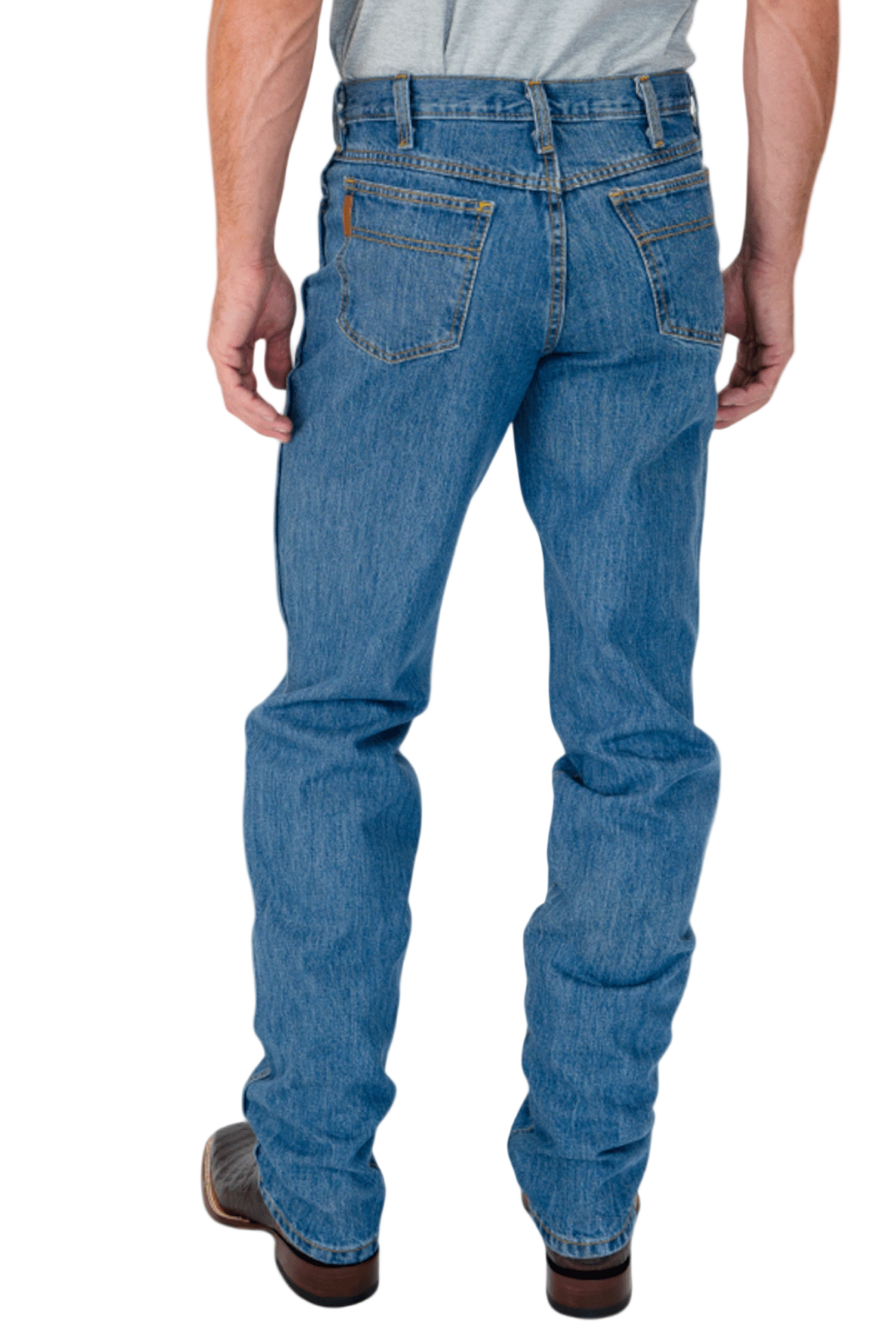 Person wearing blue jeans on a white background