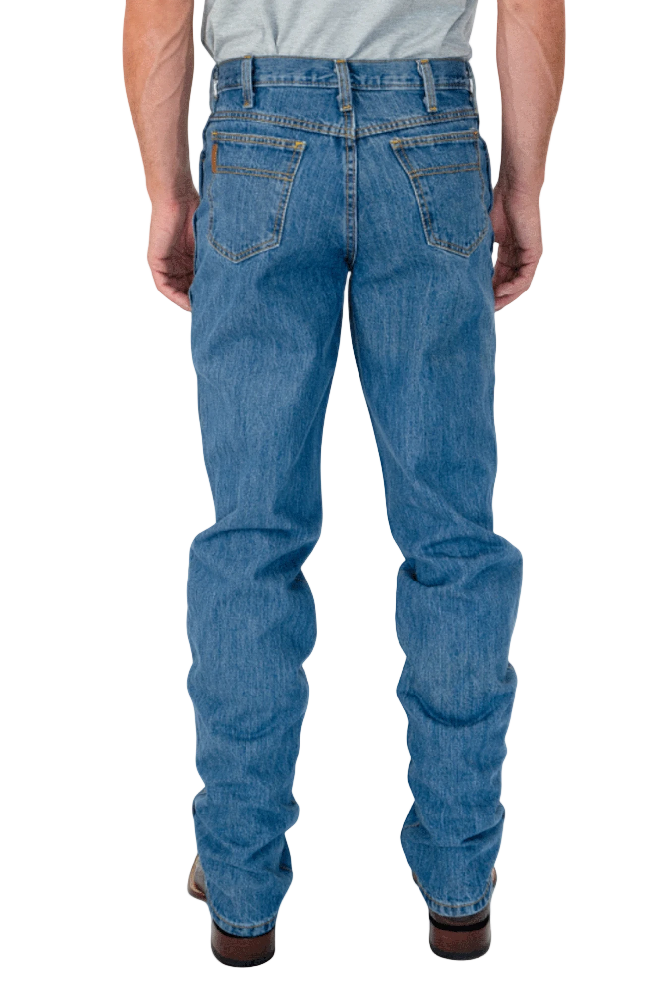Person wearing blue jeans on a white background