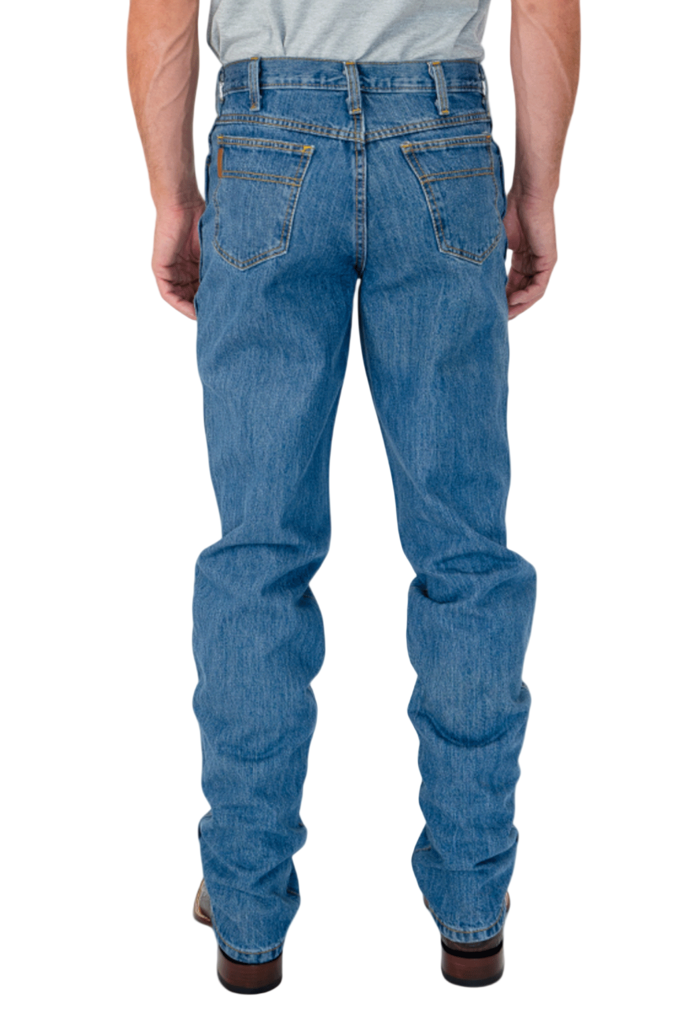 Person wearing blue jeans on a white background
