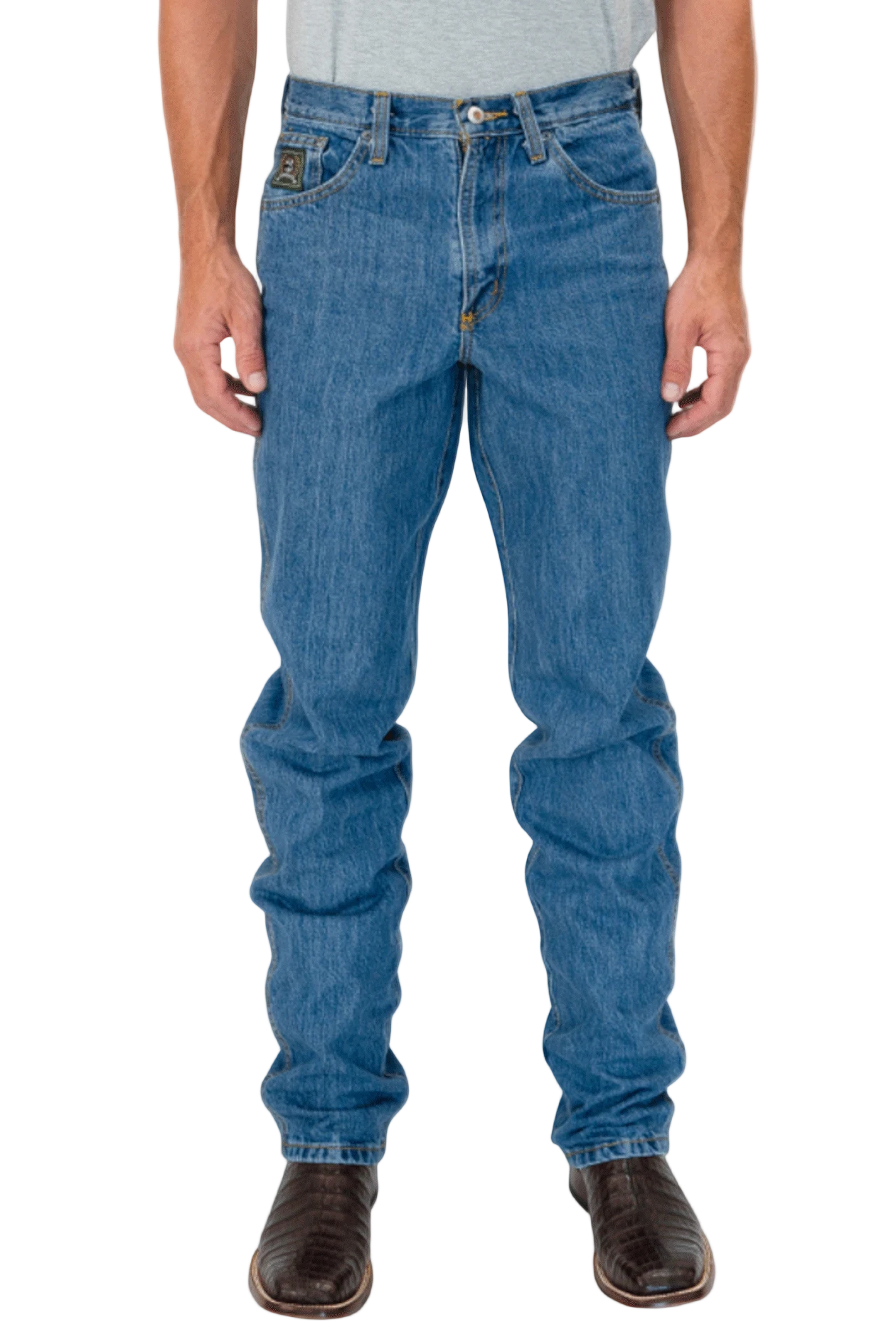 Person wearing blue jeans on a white background