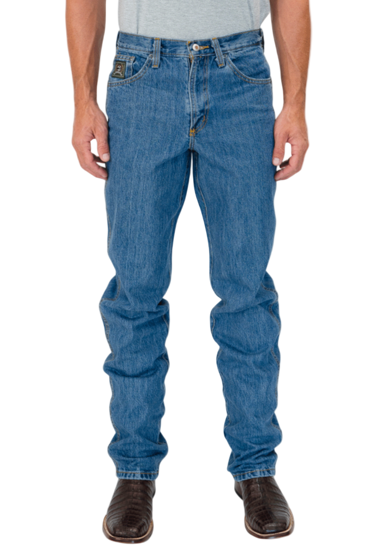 Person wearing blue jeans on a white background