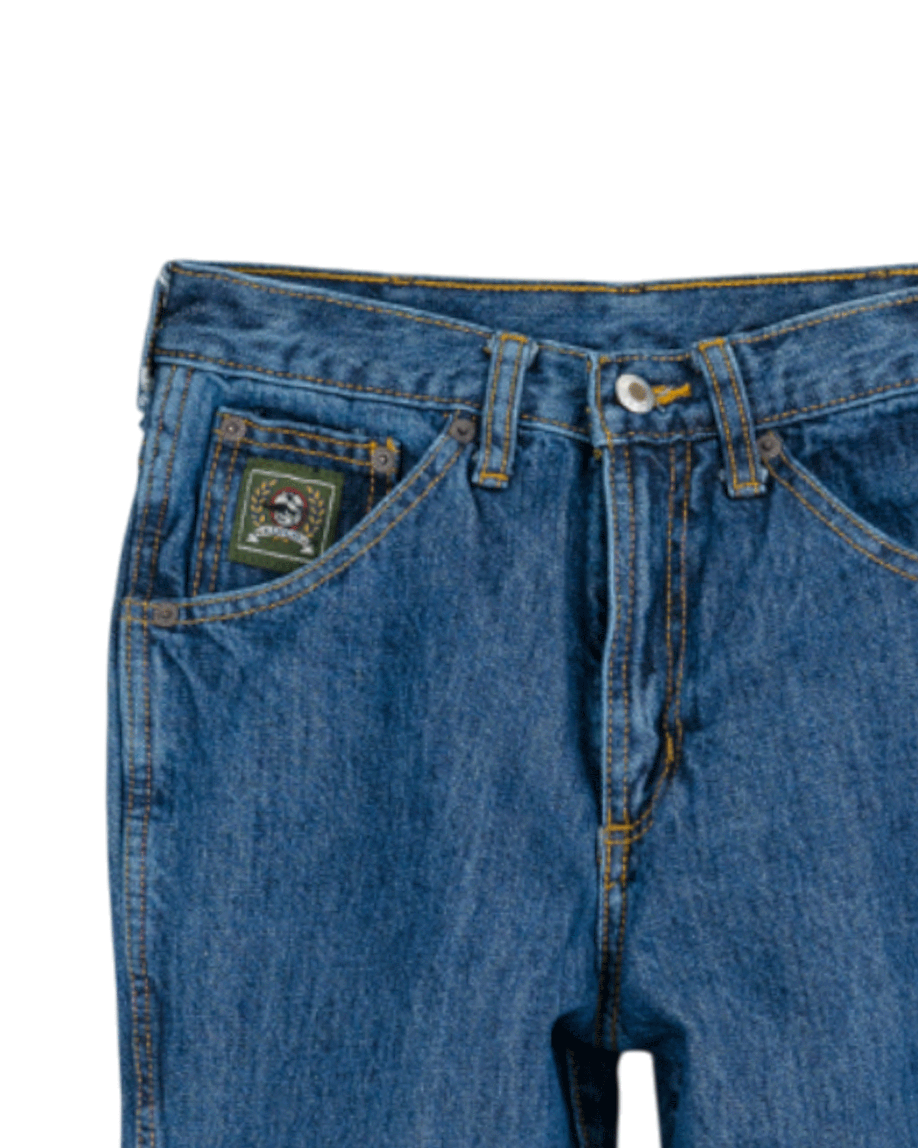 Close-up of blue jeans with a brand logo on the pocket against a white background