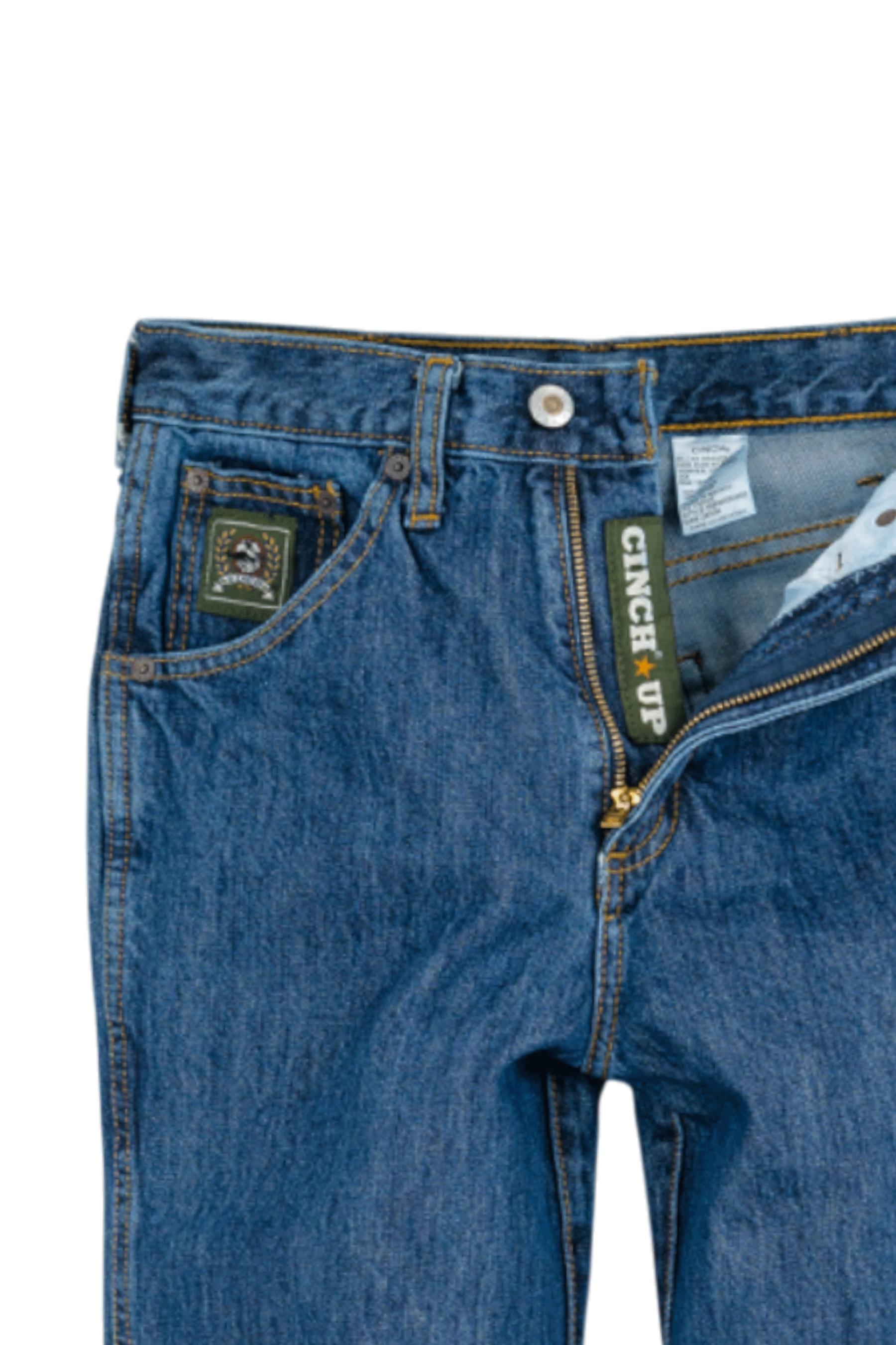 Blue jeans with visible branding on a white background