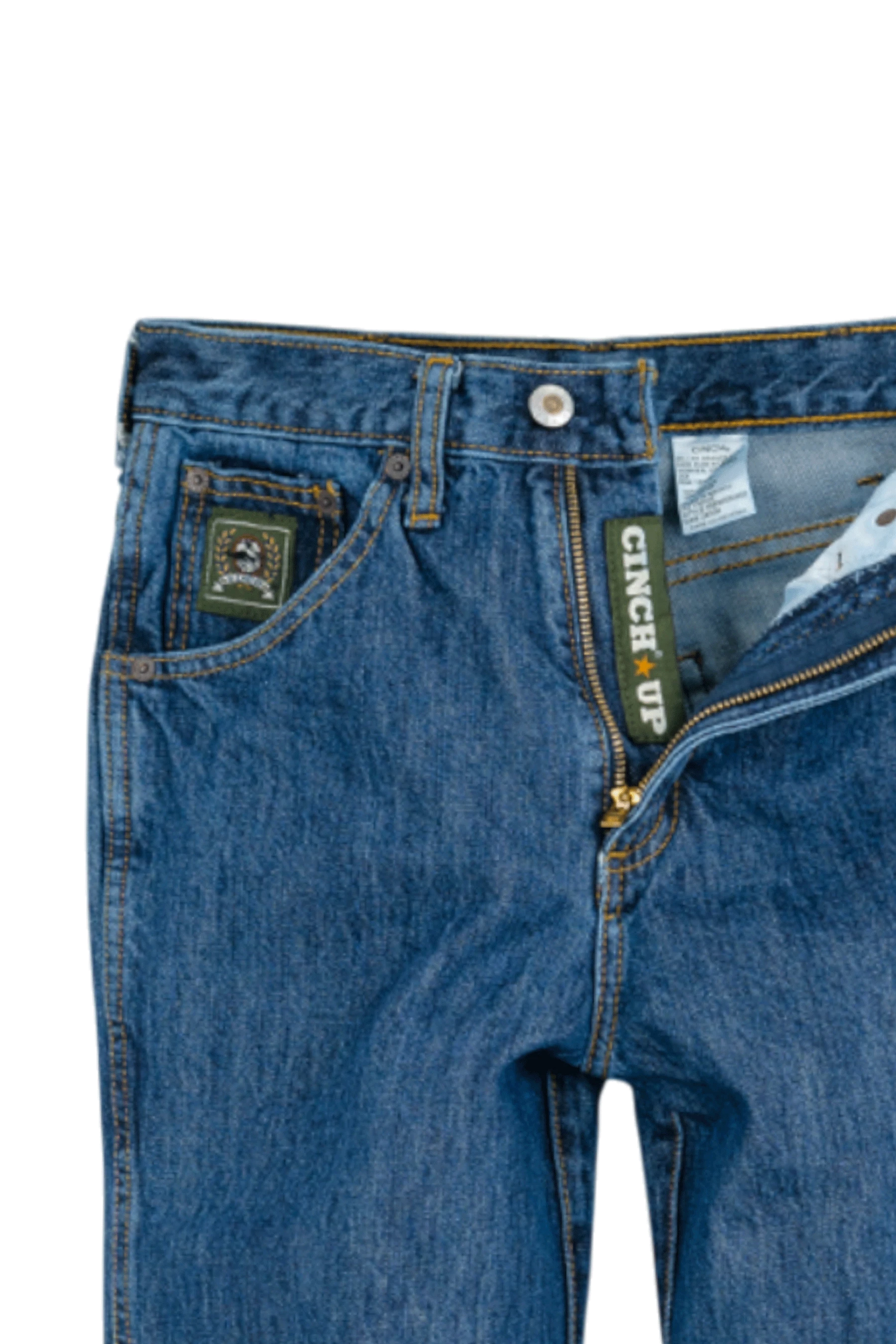 Blue jeans with visible branding on a white background