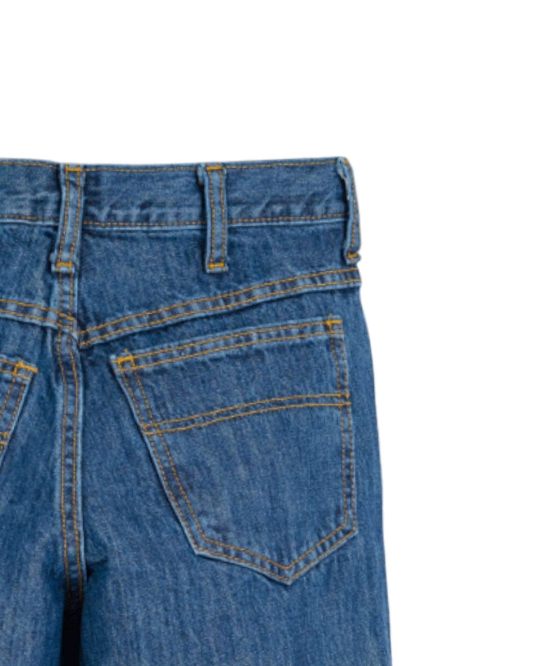 Close-up of blue denim jeans on a white background