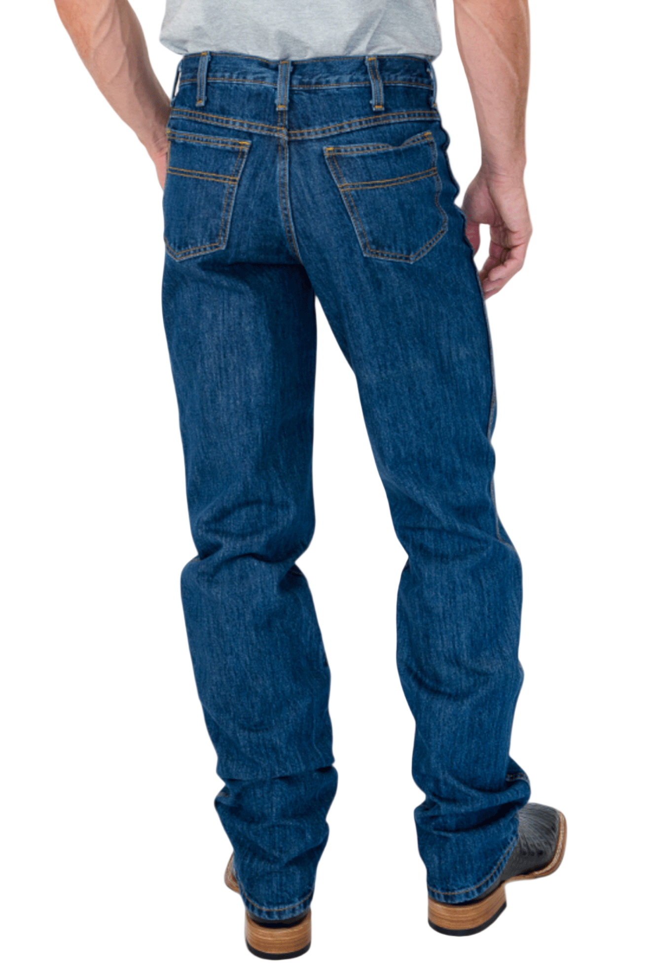 Person wearing blue jeans on a white background