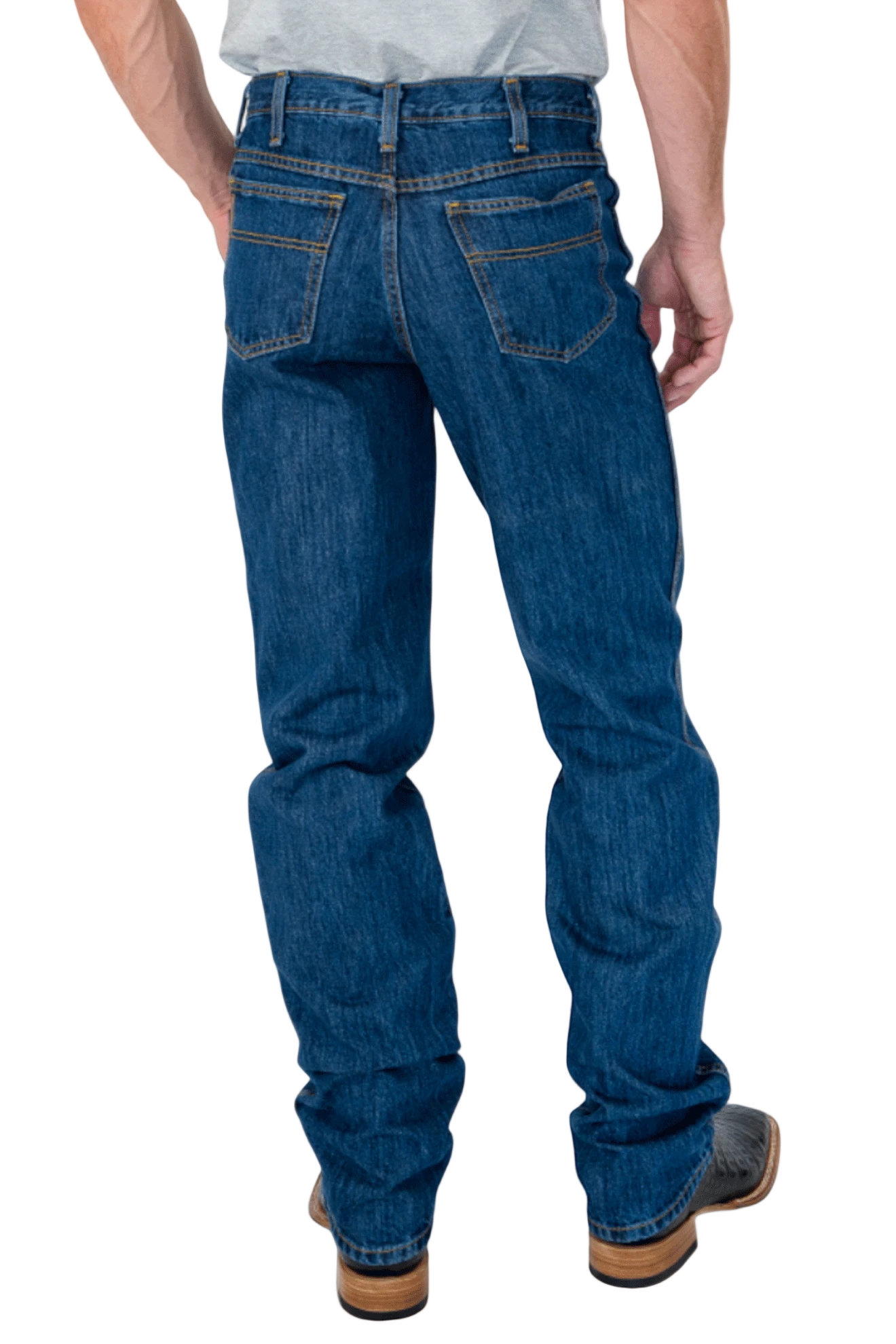 Person wearing blue jeans on a white background