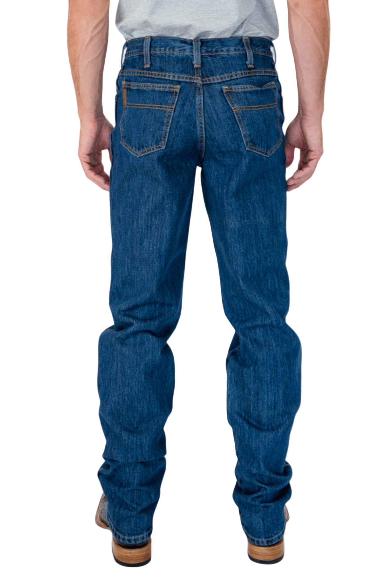 Blue jeans worn by a person on a white background