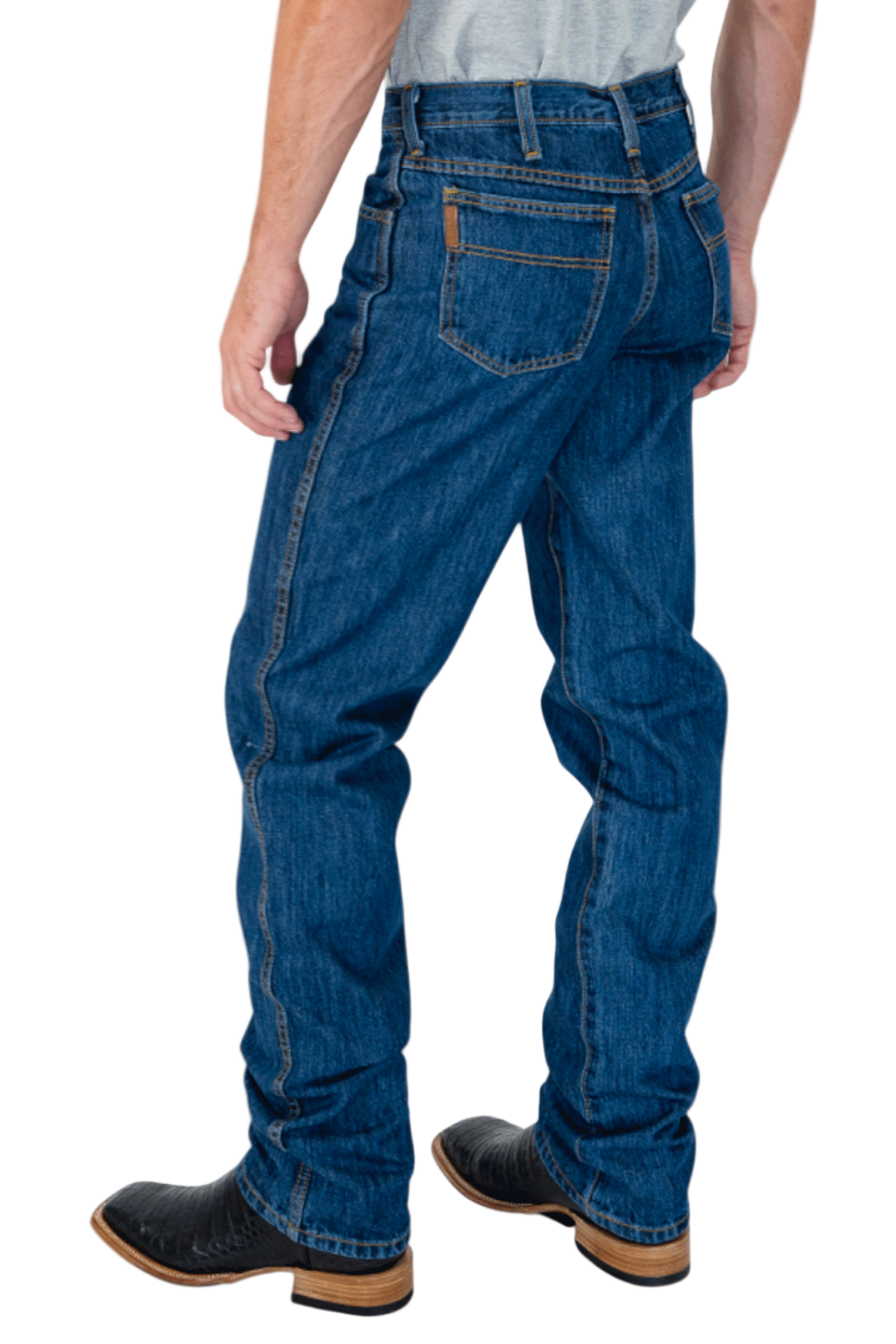 Person wearing blue jeans on a white background
