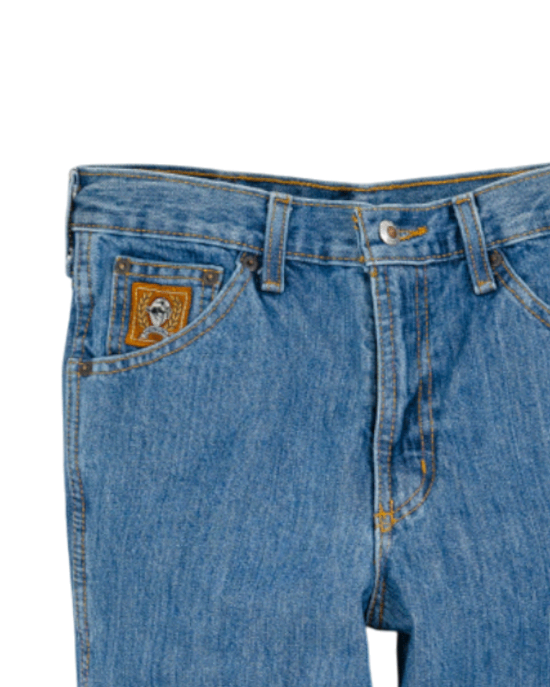 Close-up of blue jeans with a brand logo on the pocket against a white background