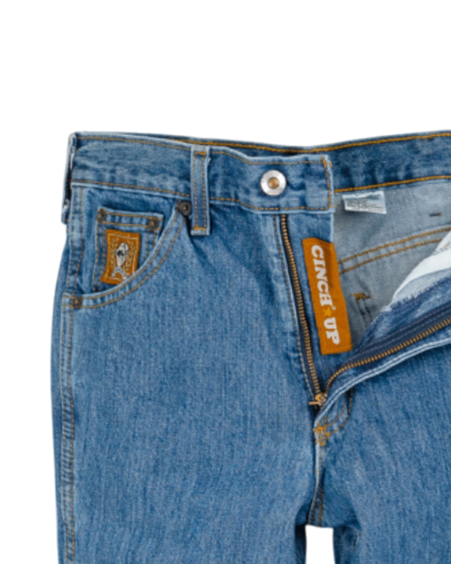 Close-up of blue jeans with 'Cinch Up' branding on a white background