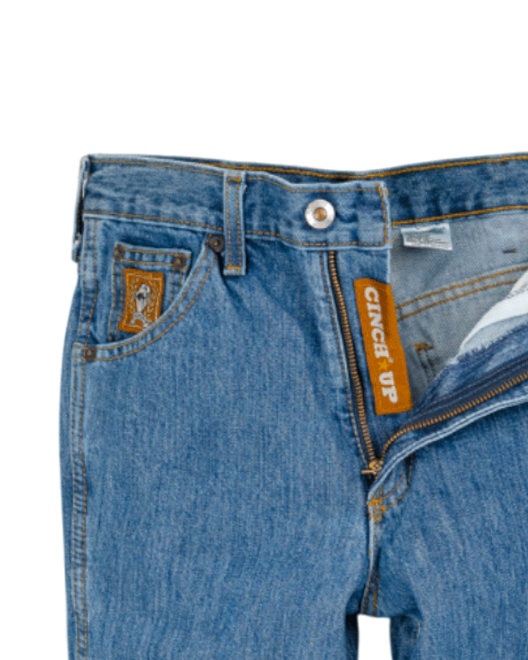 Close-up of blue jeans with 'Cinch Up' branding on a white background