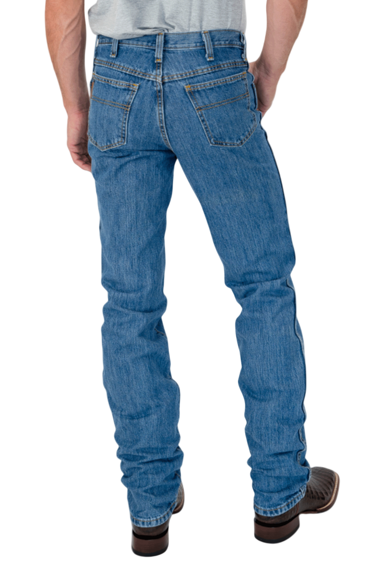 Person wearing blue jeans on a white background