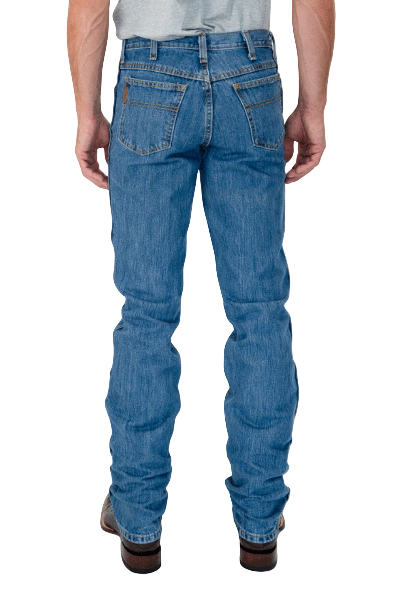 Person wearing blue jeans on a white background