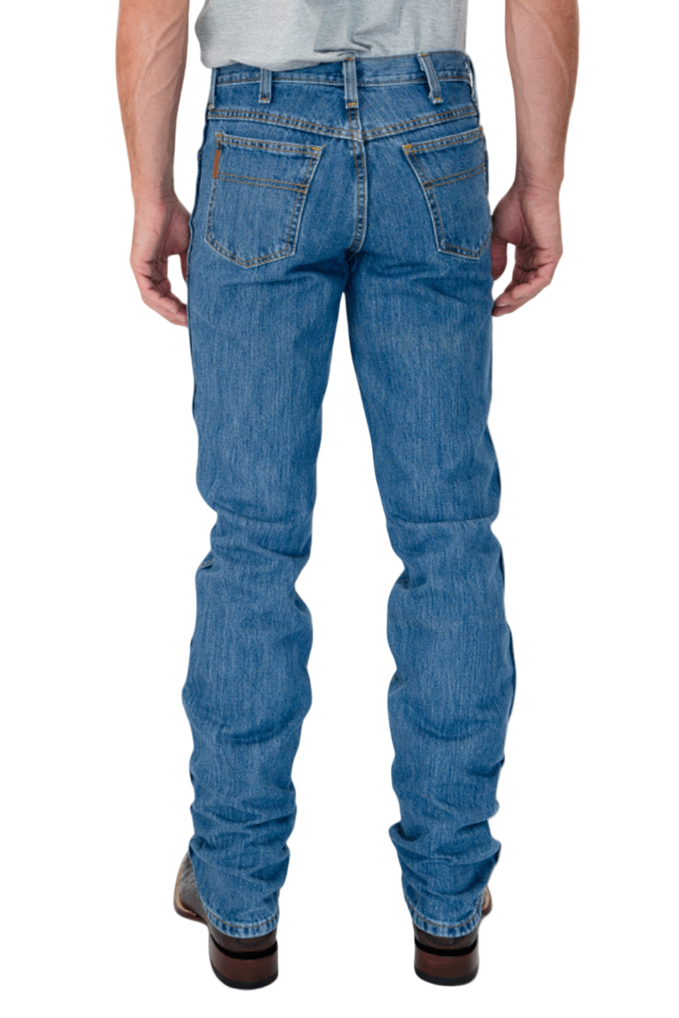 Person wearing blue jeans on a white background