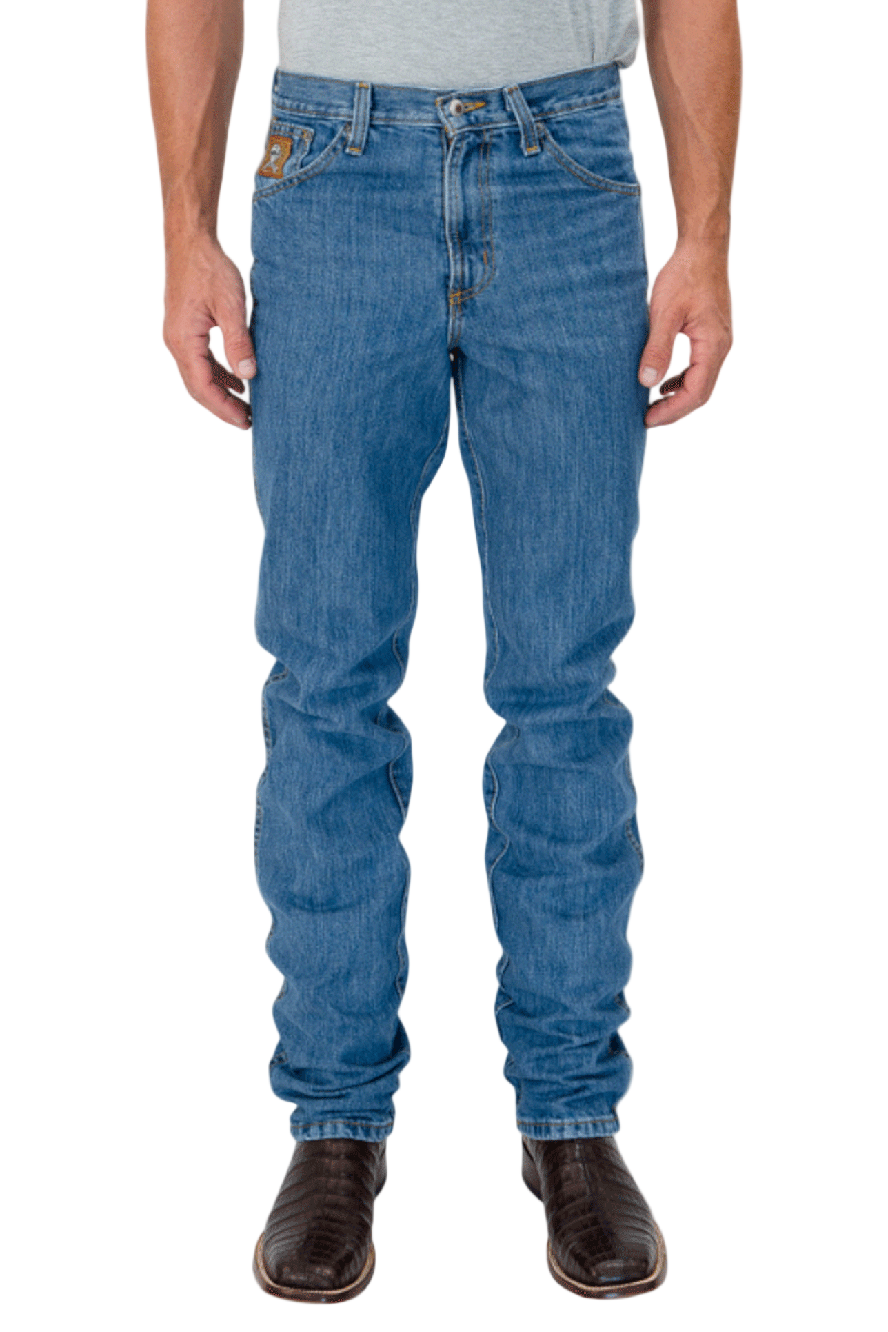 Person wearing blue jeans on a white background