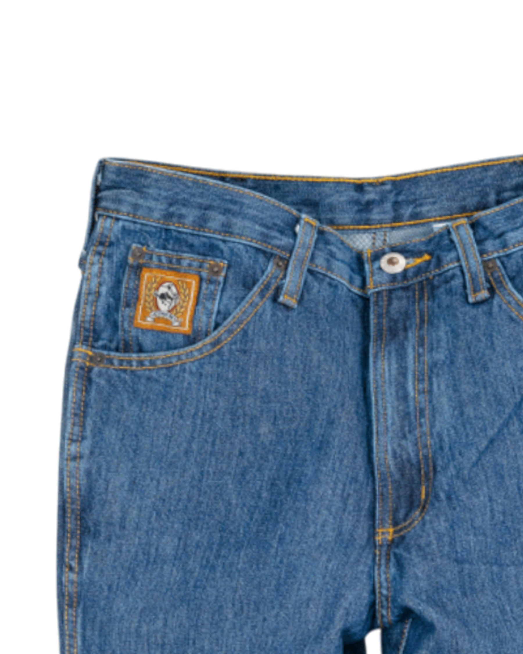 Close-up of blue jeans with a brand logo on the pocket against a white background