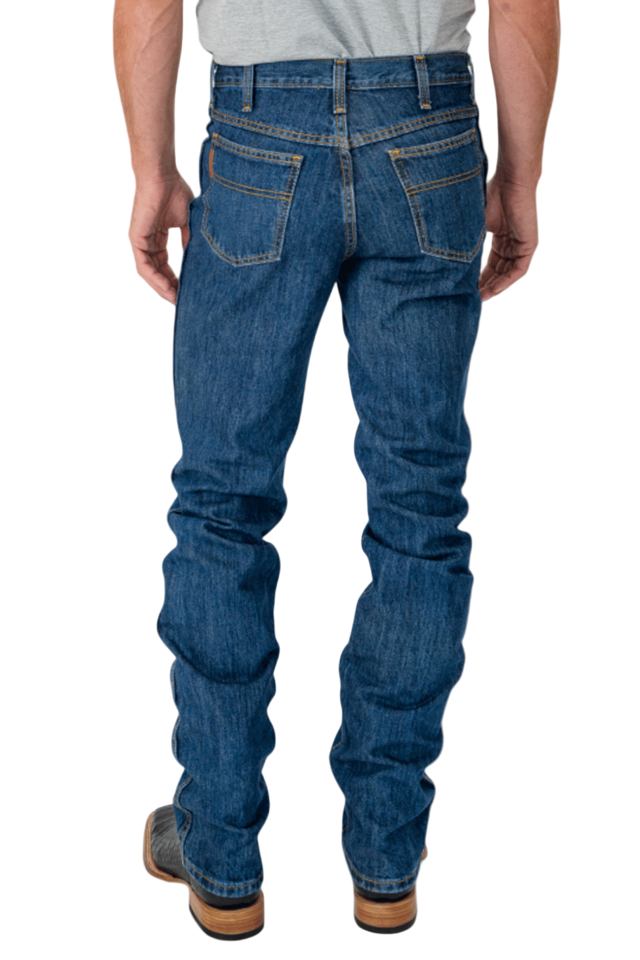 Person wearing blue jeans on a white background