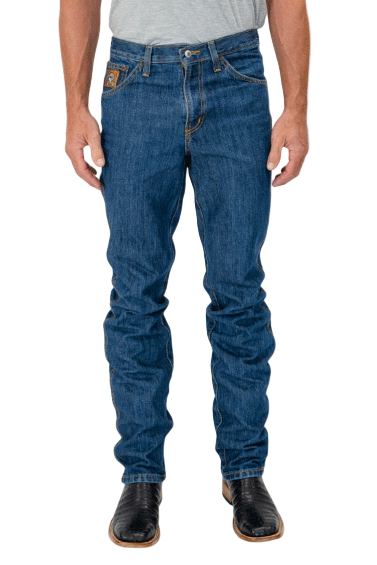 Person wearing blue jeans on a white background