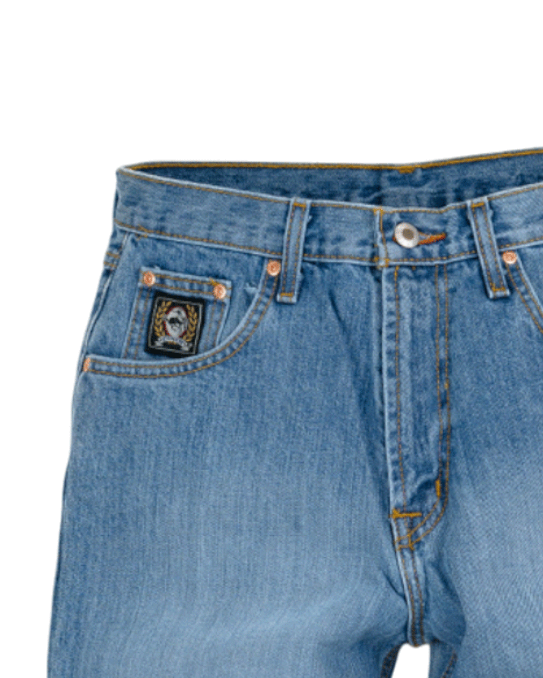 Close-up of blue jeans with a brand logo on the pocket against a white background