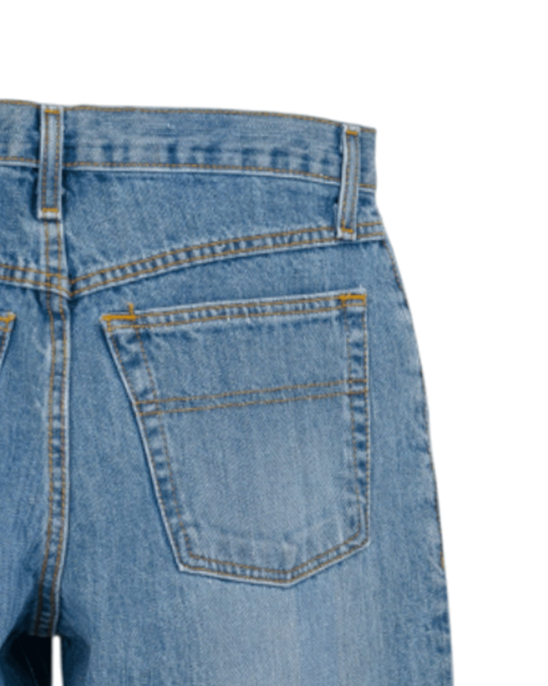 Close-up of blue denim jeans with a pocket on a white background