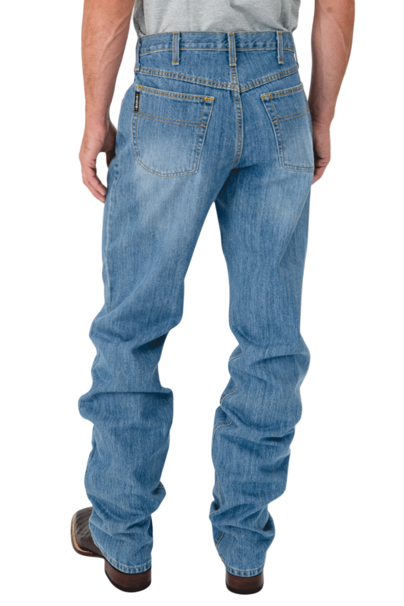 Person wearing blue jeans on a white background