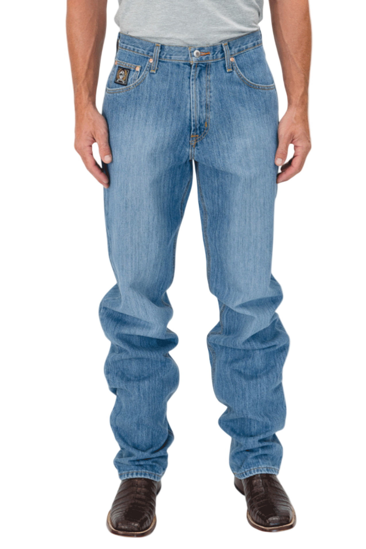 Person wearing blue jeans on a white background