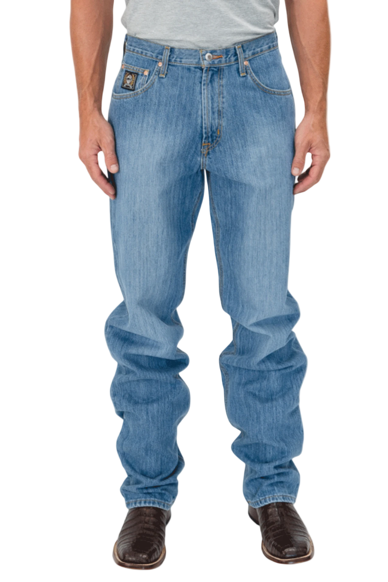 Person wearing blue jeans on a white background