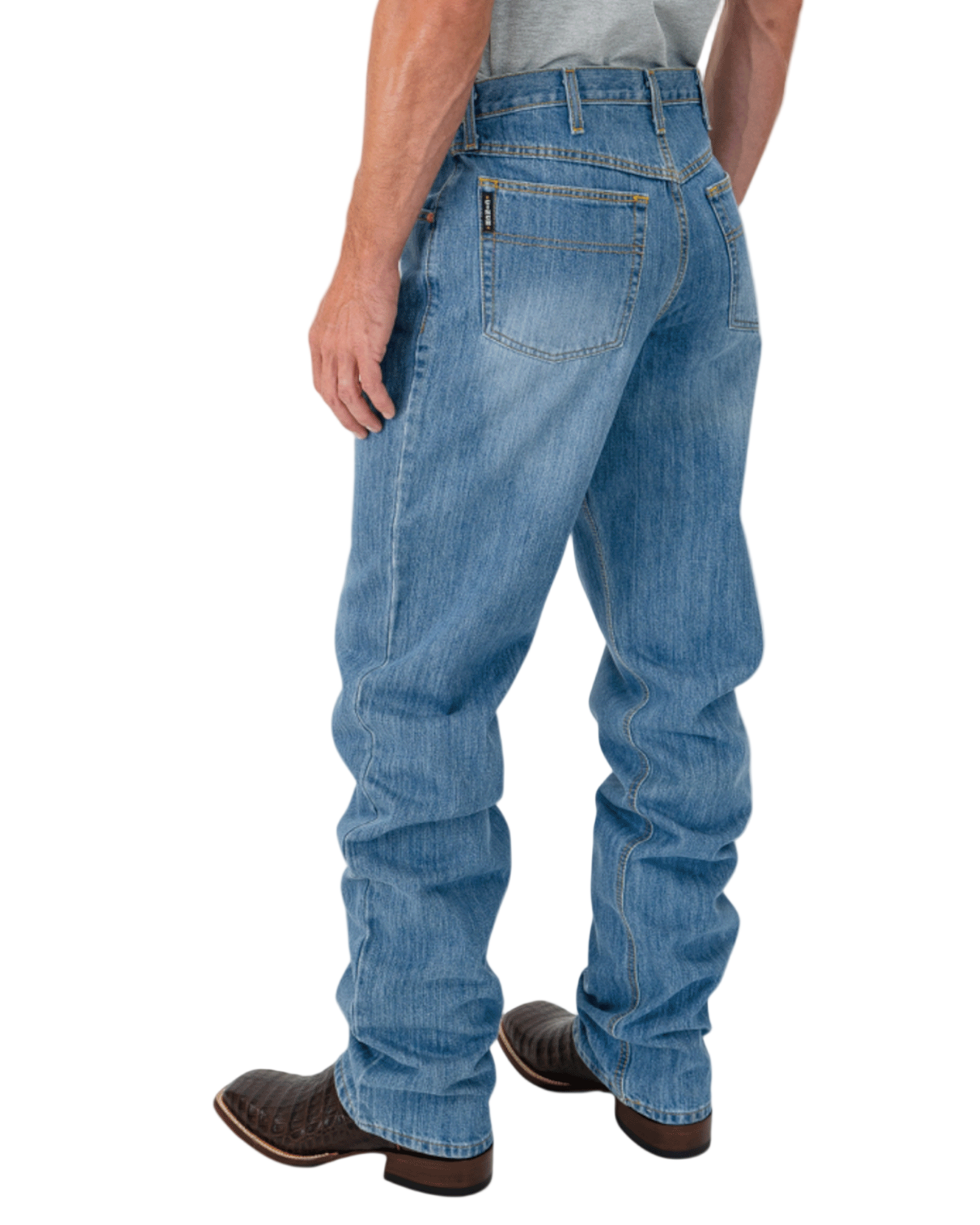 Person wearing blue jeans on a white background