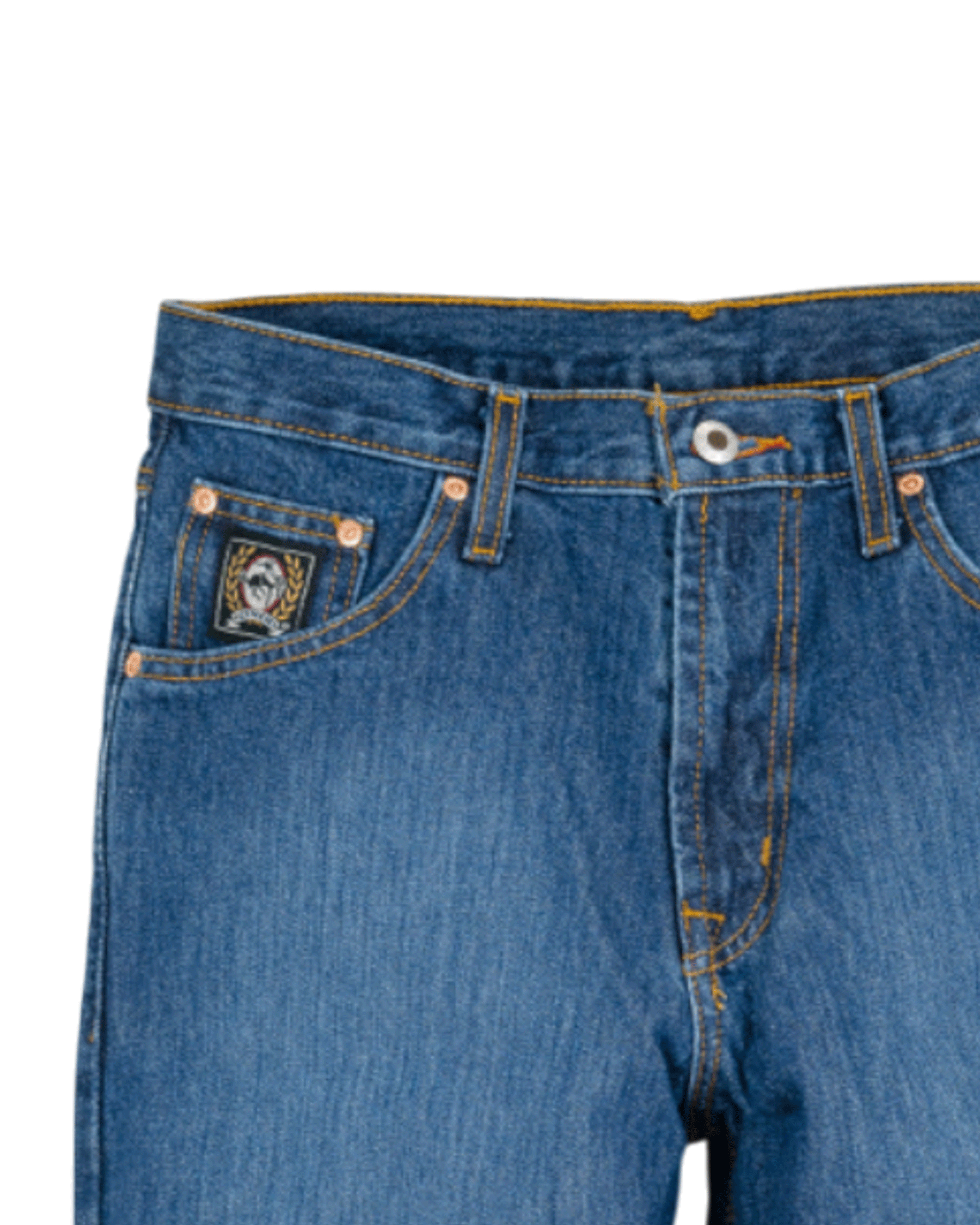 Close-up of blue jeans with a brand logo on the pocket against a white background