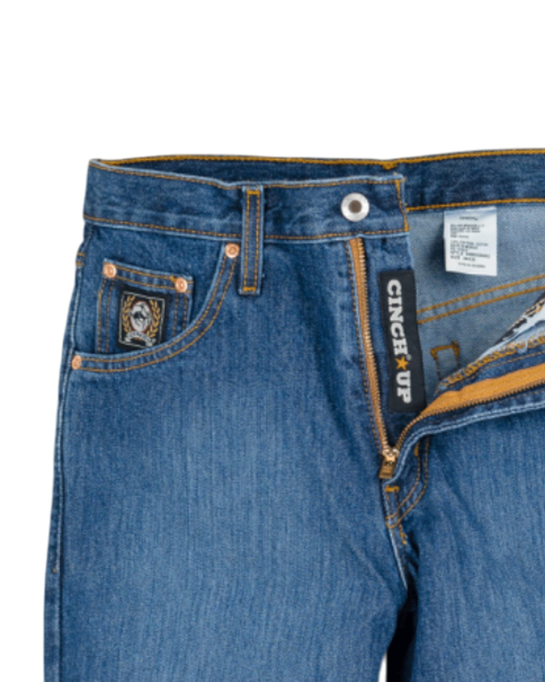 Close-up of blue jeans with Cinch Up branding on a white background