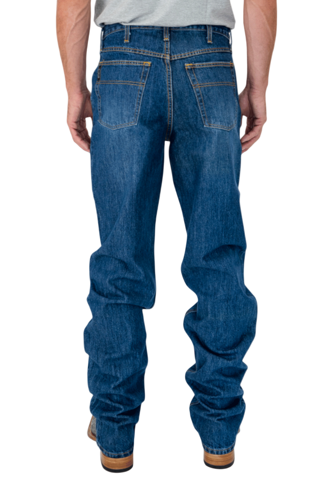 Person wearing blue jeans on a white background