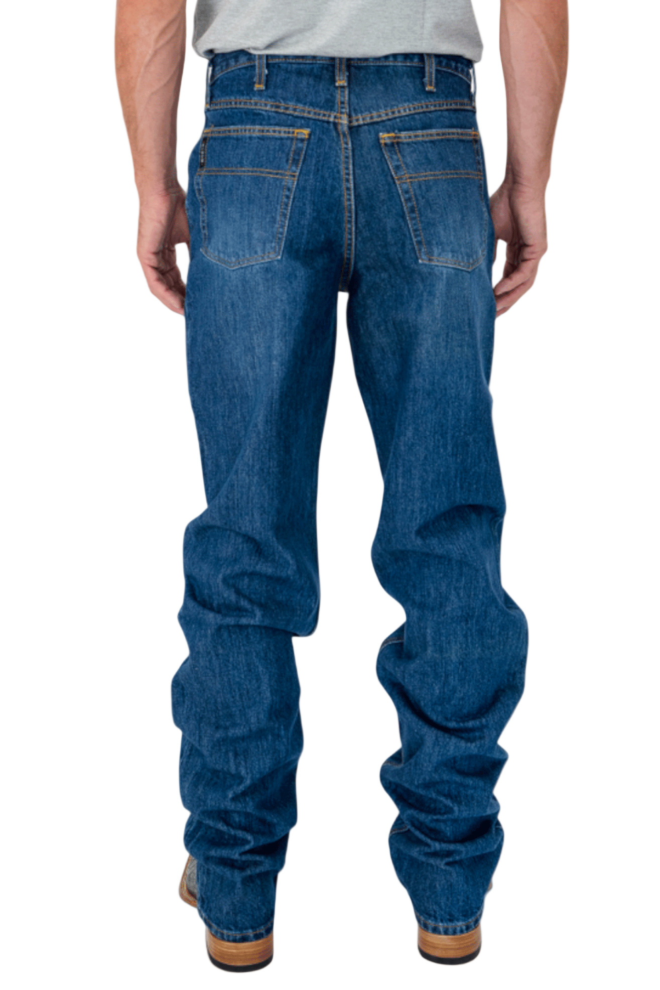 Person wearing blue jeans on a white background