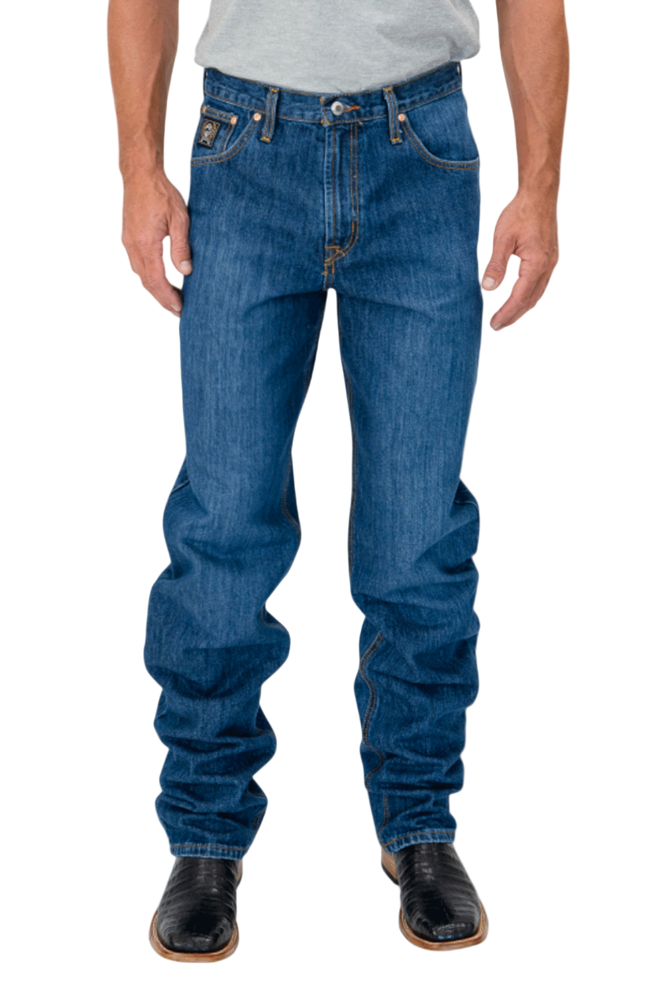 Person wearing blue jeans on a white background