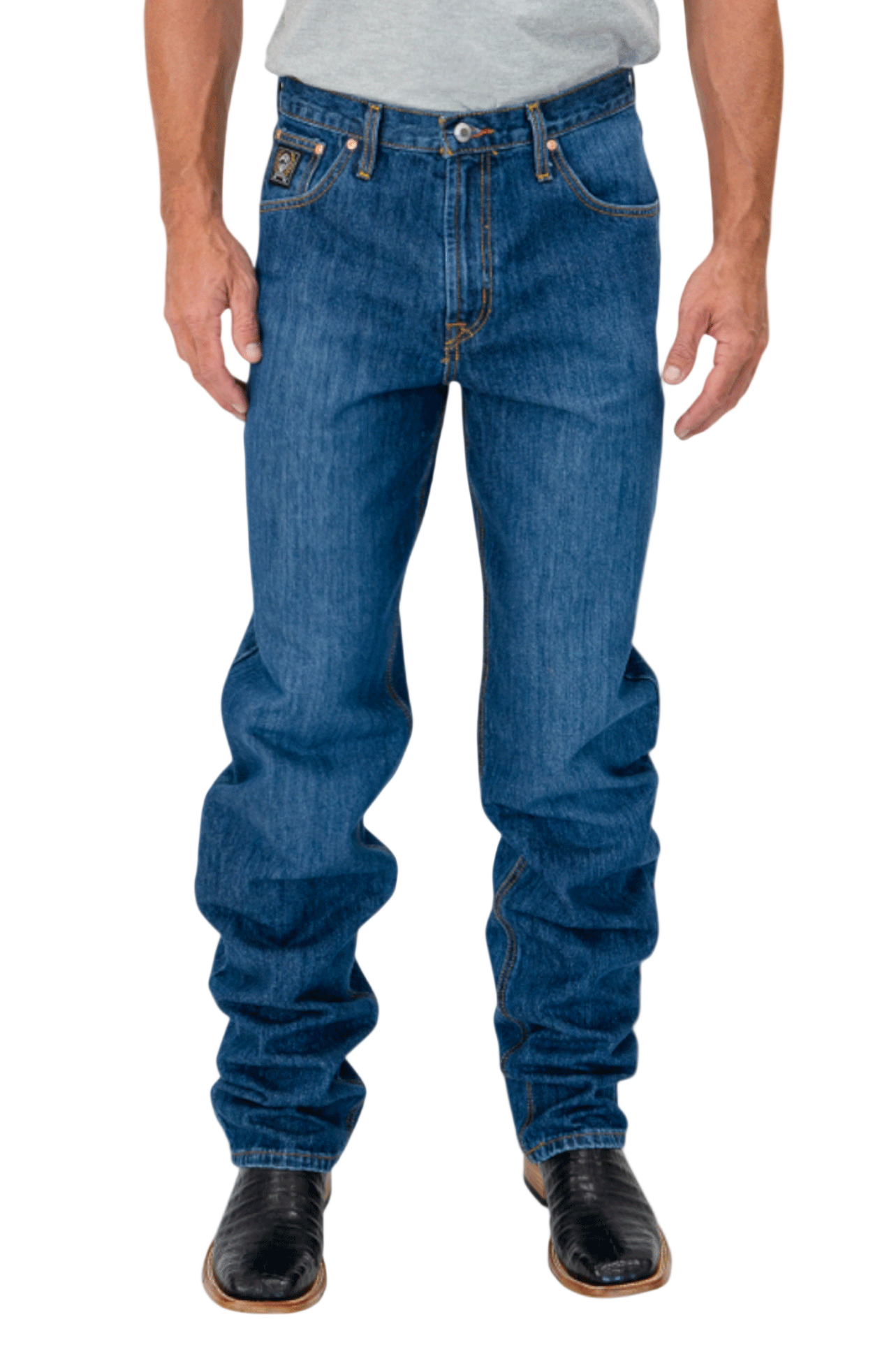 Person wearing blue jeans on a white background