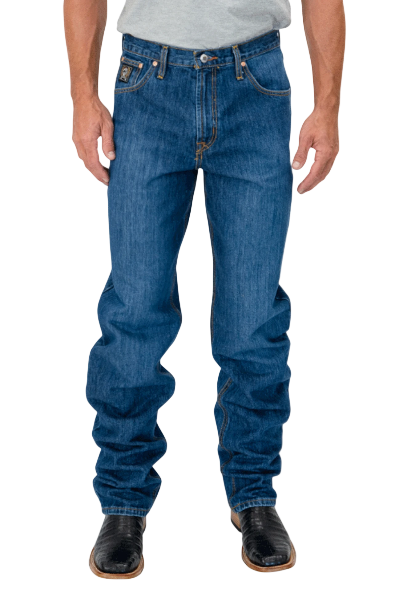 Person wearing blue jeans on a white background