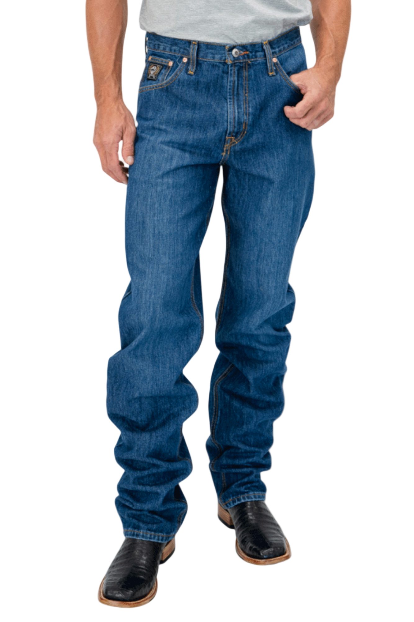 Person wearing blue jeans on a white background