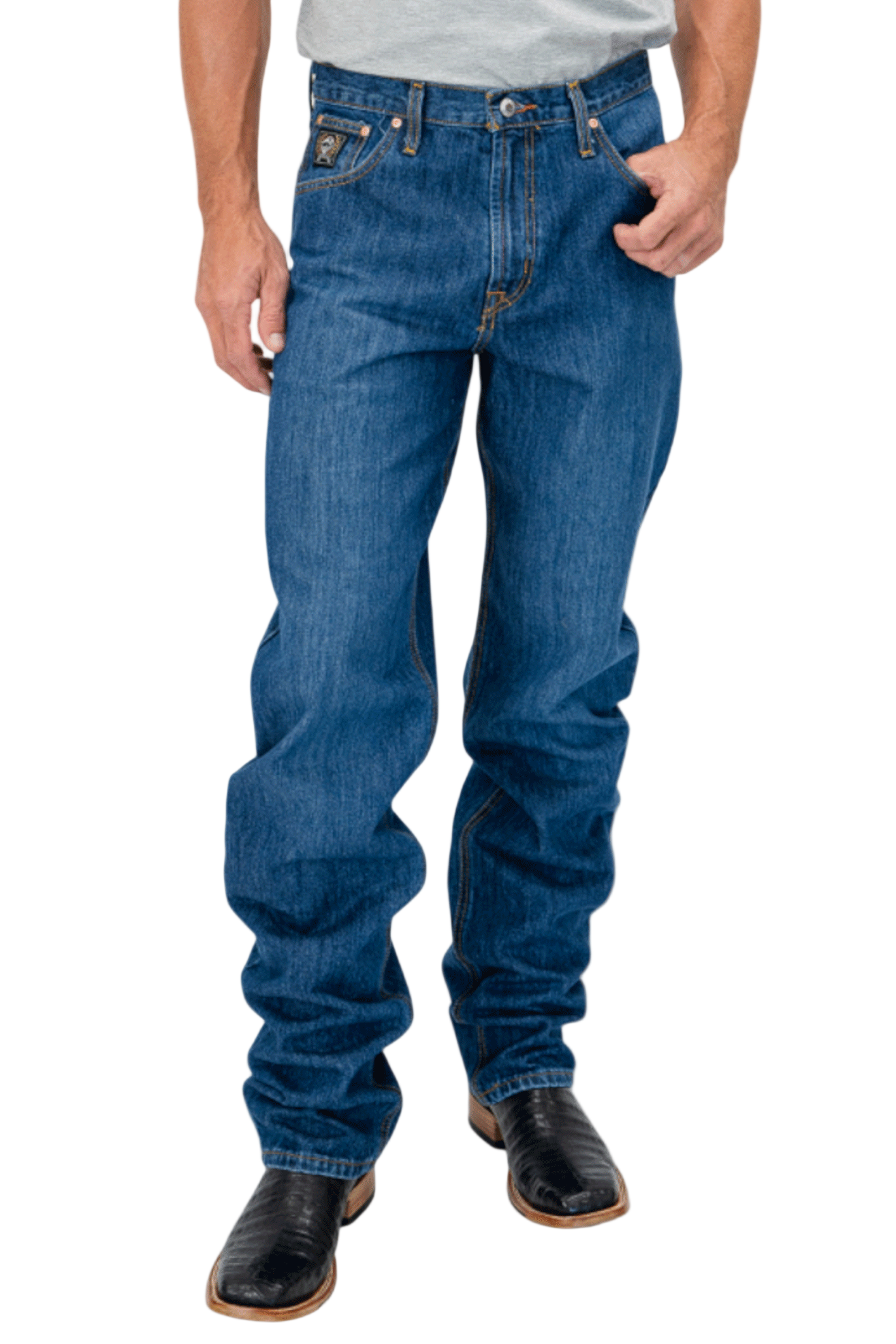 Person wearing blue jeans on a white background