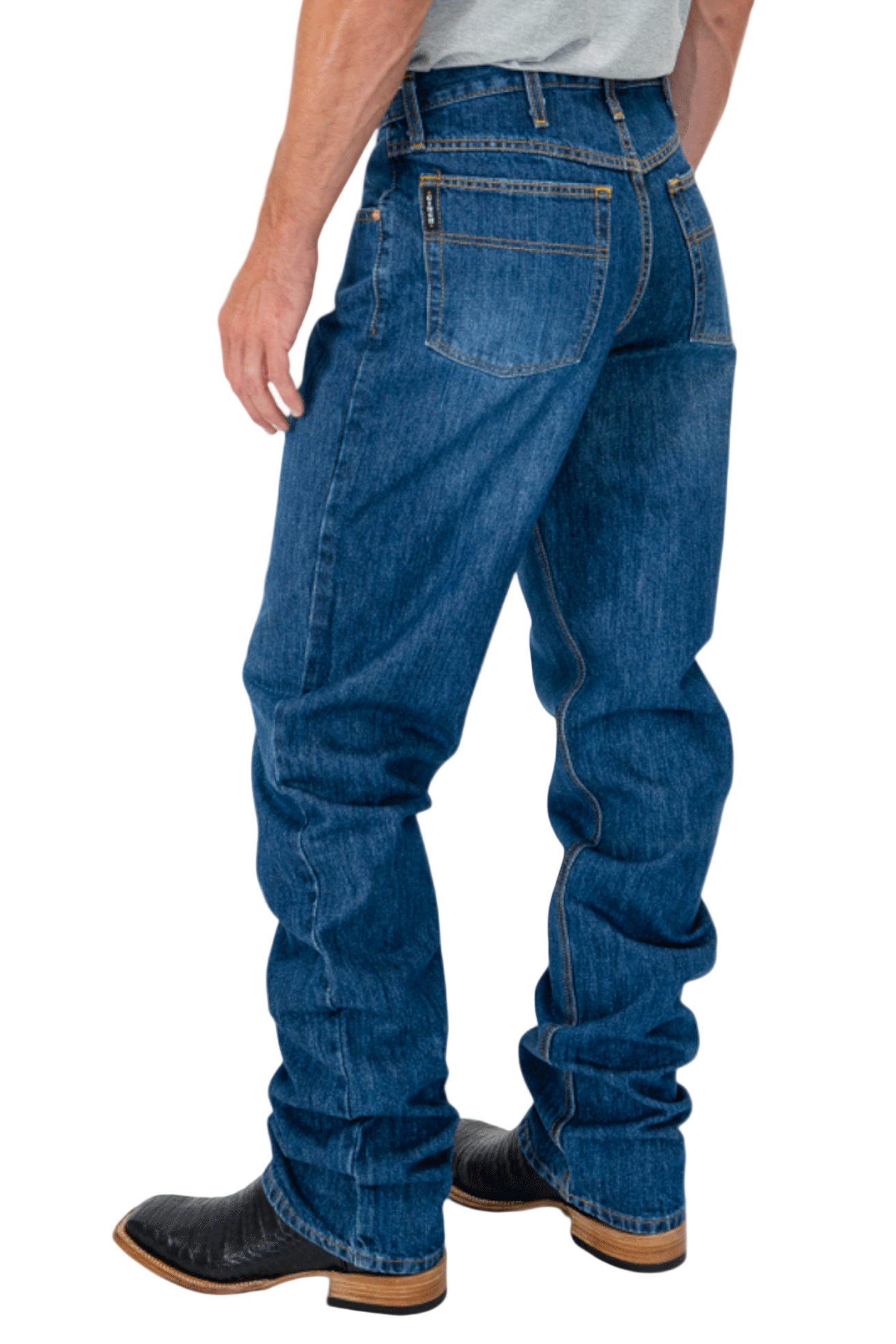 Person wearing blue jeans on a white background