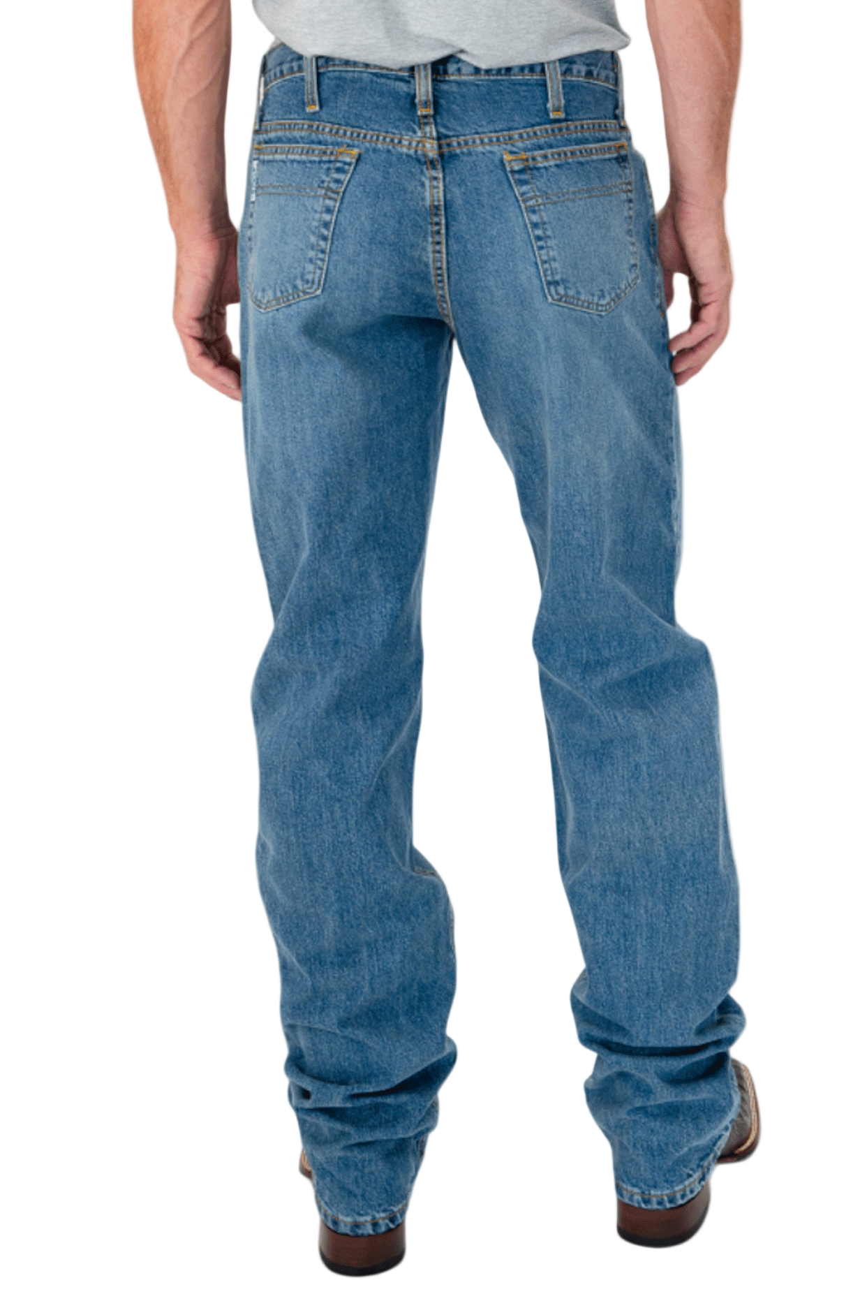 Person wearing blue jeans on a white background