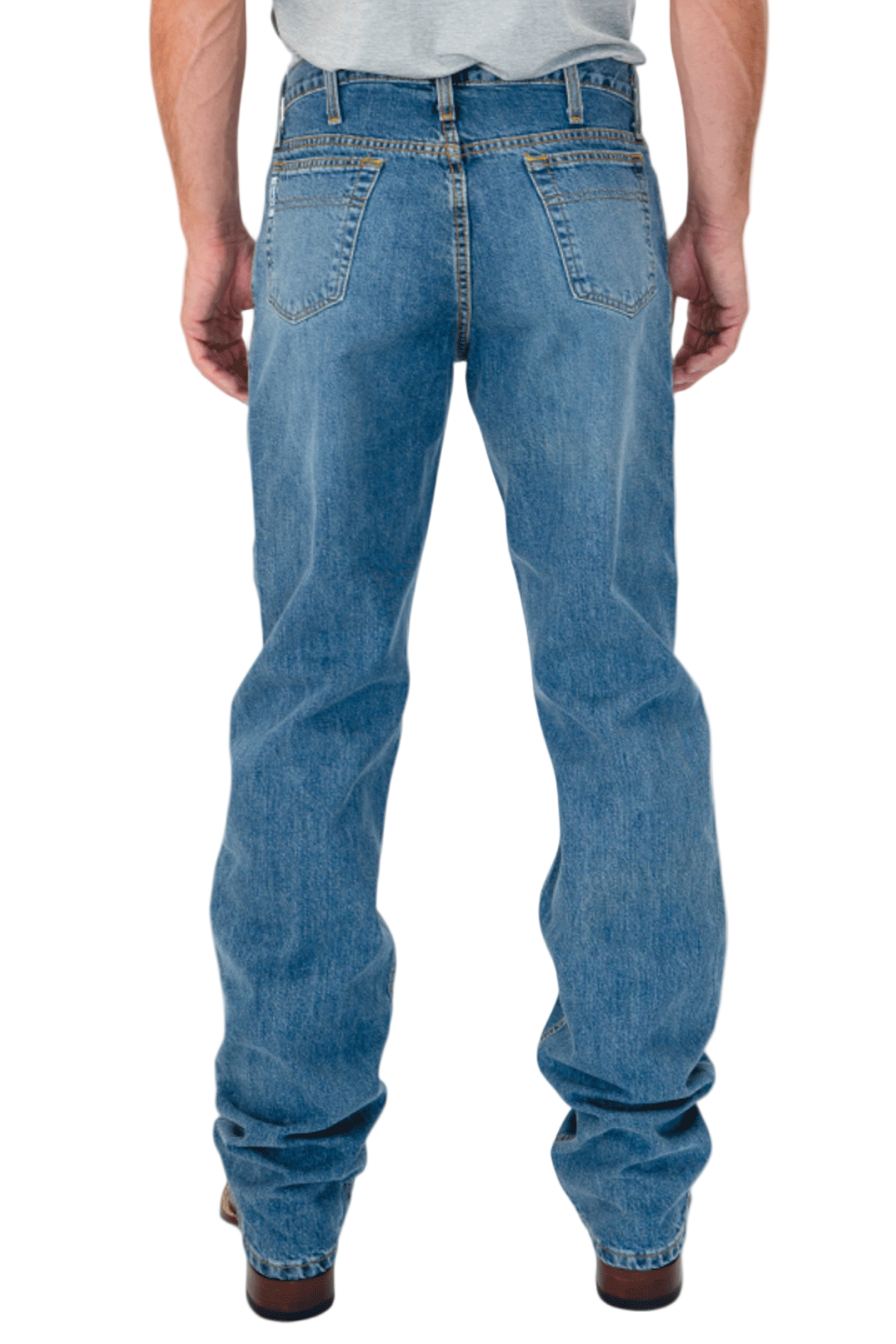 Person wearing blue jeans on a white background