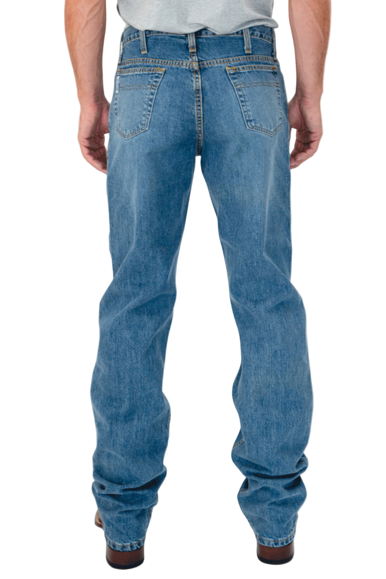 Person wearing blue jeans on a white background