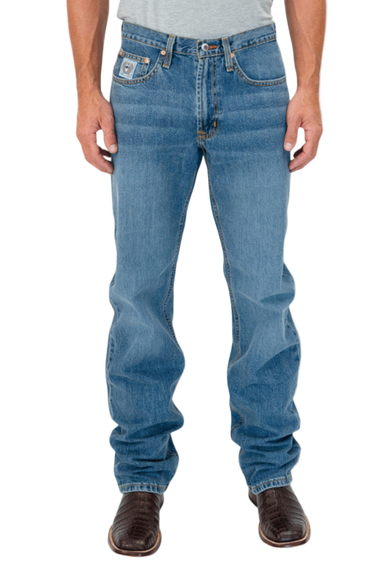 Person wearing blue jeans on a white background