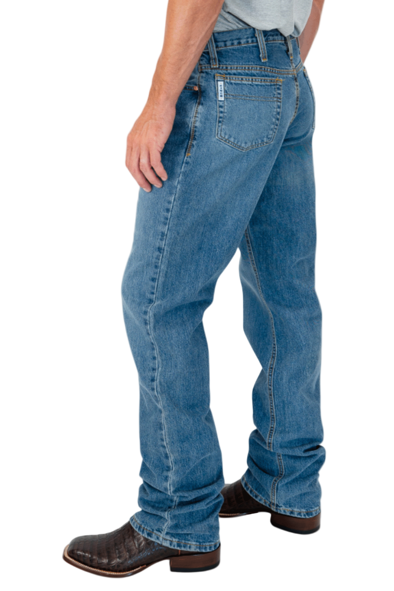 Person wearing blue jeans on a white background