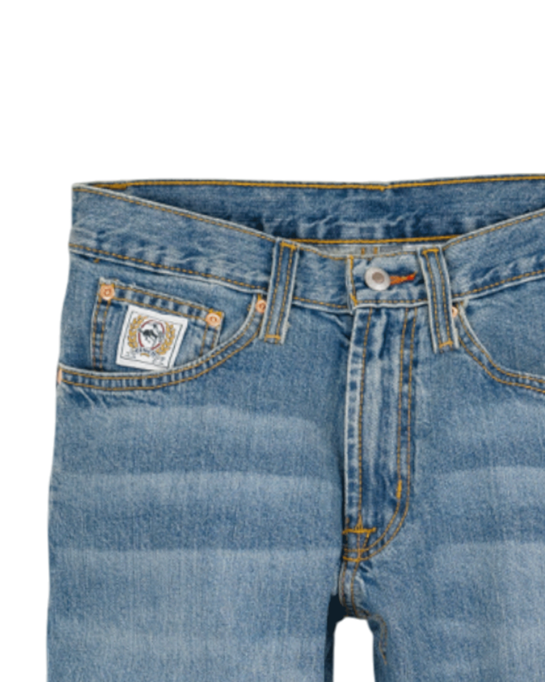 Close-up of blue jeans with a brand label on a white background