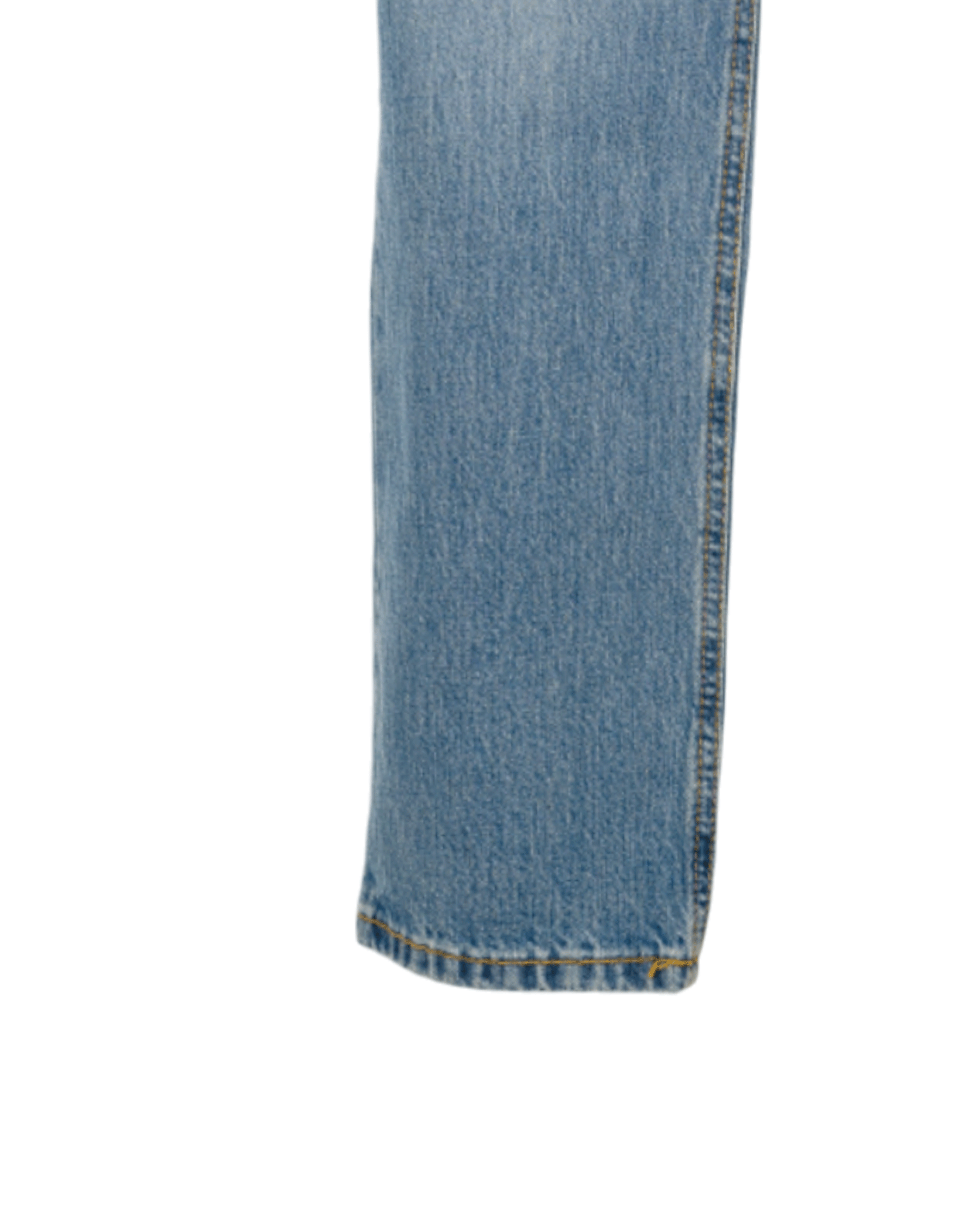 Close-up of blue denim jeans on a white background